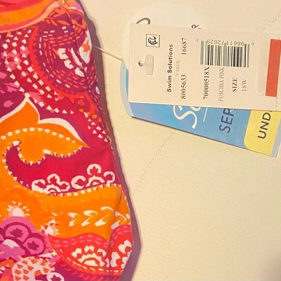 🛍️Swim Solution Plus Size Printed V- Neck Tankini Swimwear Fuschia pink Top 18W - Picture 3 of 10
